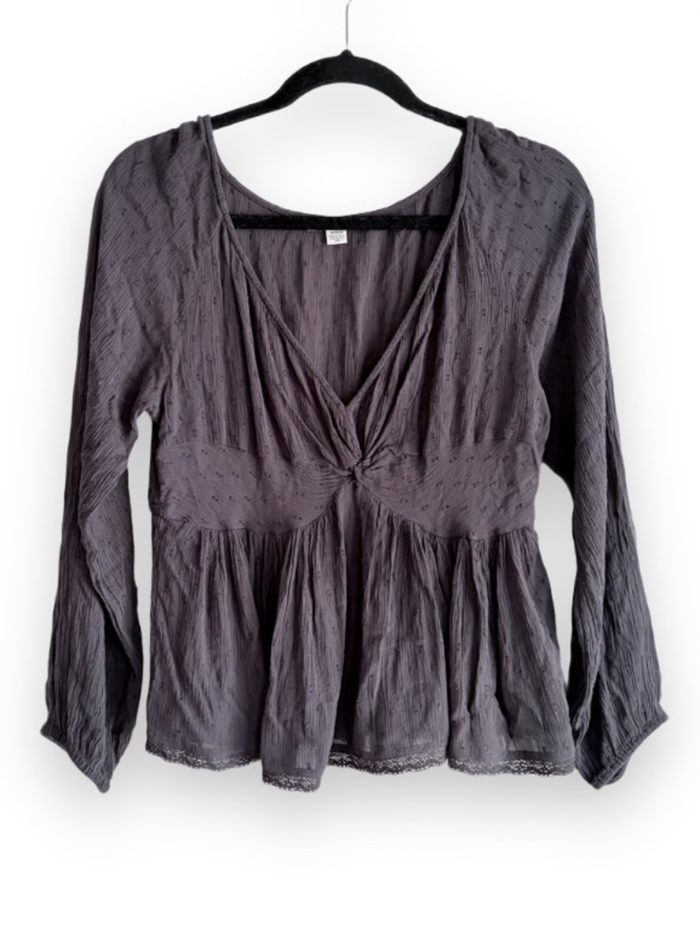 American Eagle Gray Swiss Dot Babydoll Ruffle Peplum Hem Shirt Size M